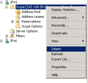 Delete DHCP scope